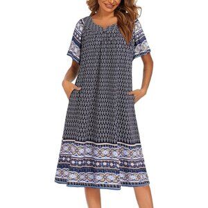 Ekouaer XL Boho MuuMuu Dress Paisly Floral Mixed Print Blue